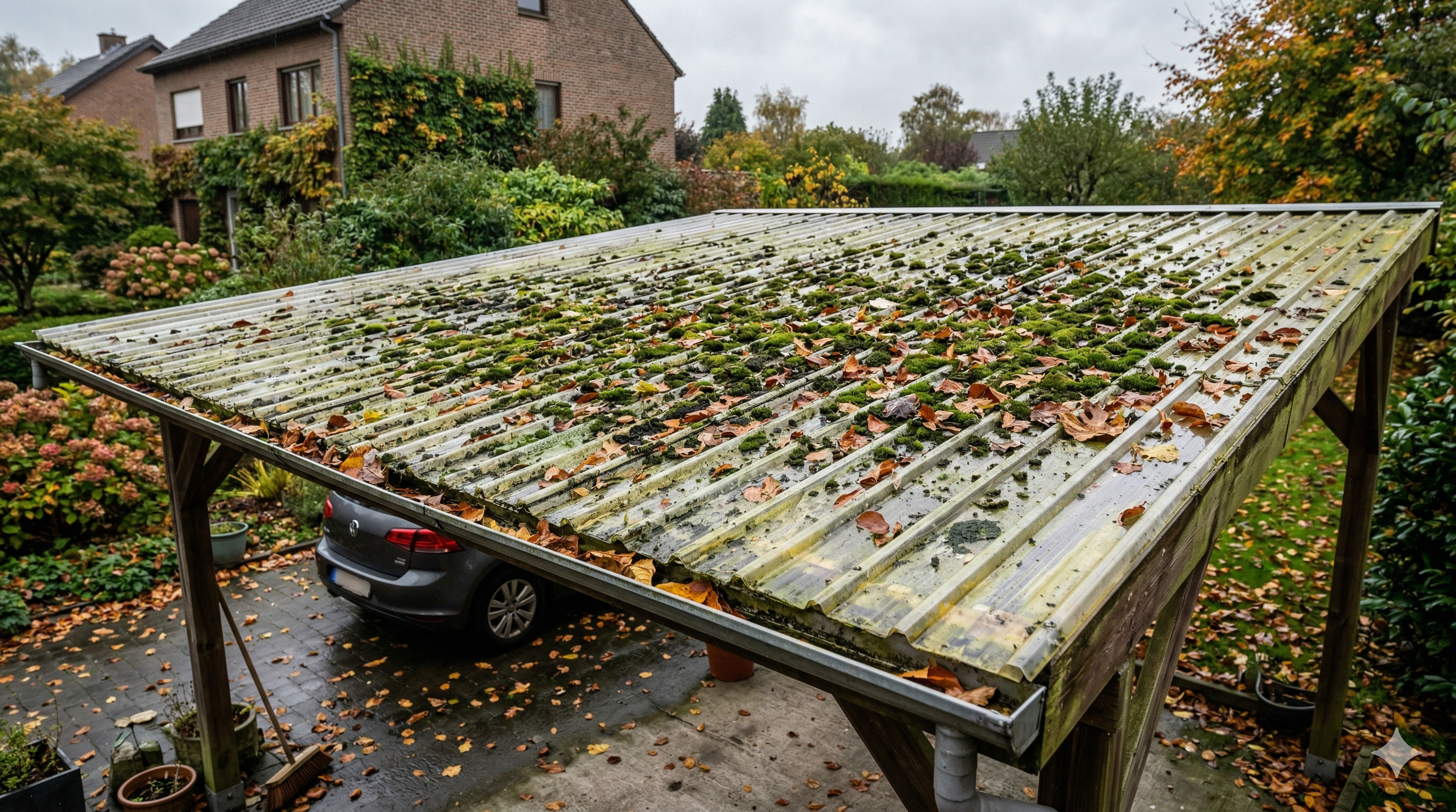 Polycarbonate carport roof heavily covered with green algae and moss in a Belgian suburban garden, overcast sky, autumn leaves on the roof, showing the deteriorated dirty state, photorealistic, high quality, 16:9 ratio
