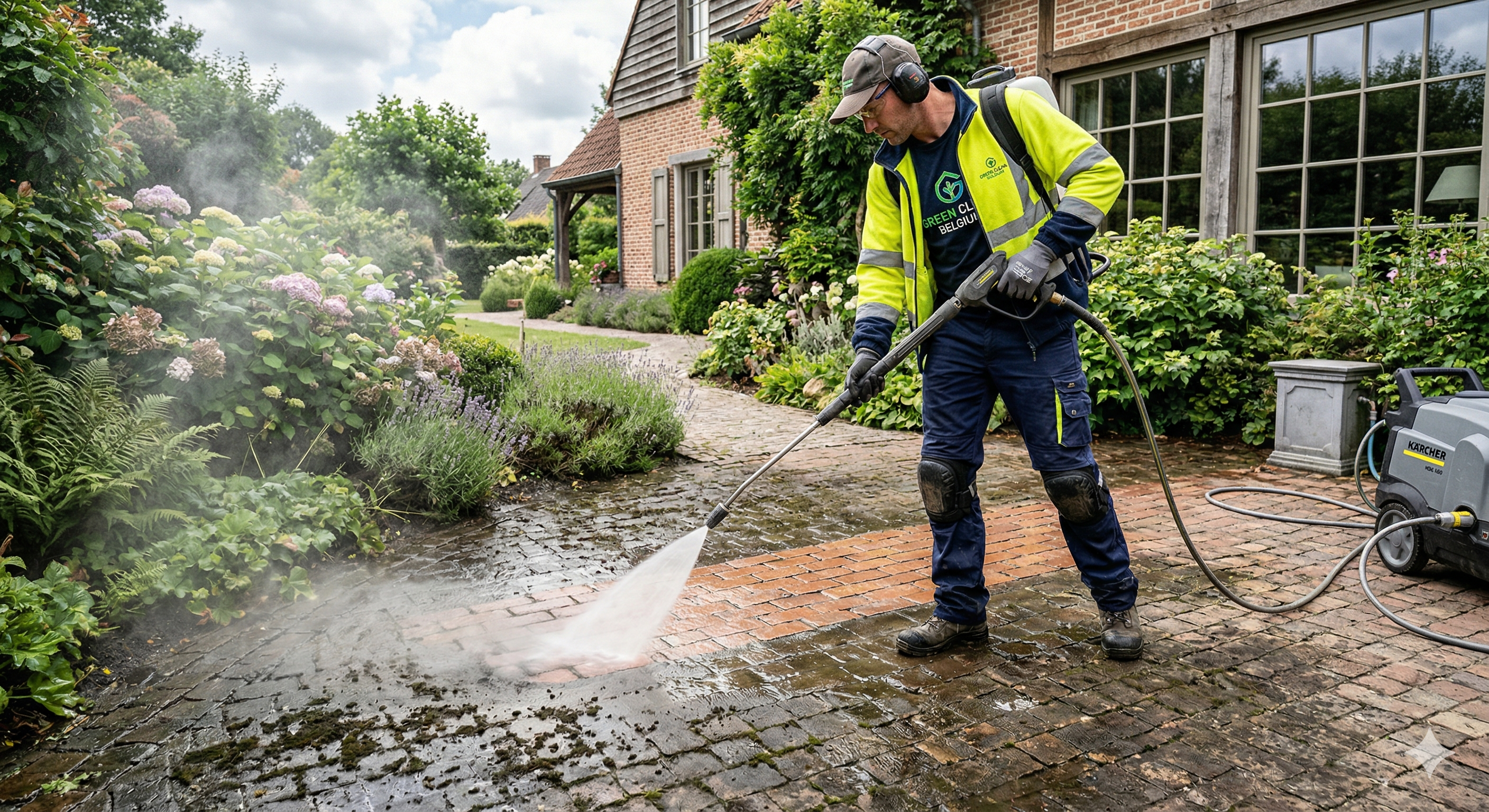 Professional cleaner operating a high-pressure washer on a terrace with klinker paving stones, visible clean strip behind the nozzle showing dramatic before/after contrast, Belgian garden, action shot, photorealistic