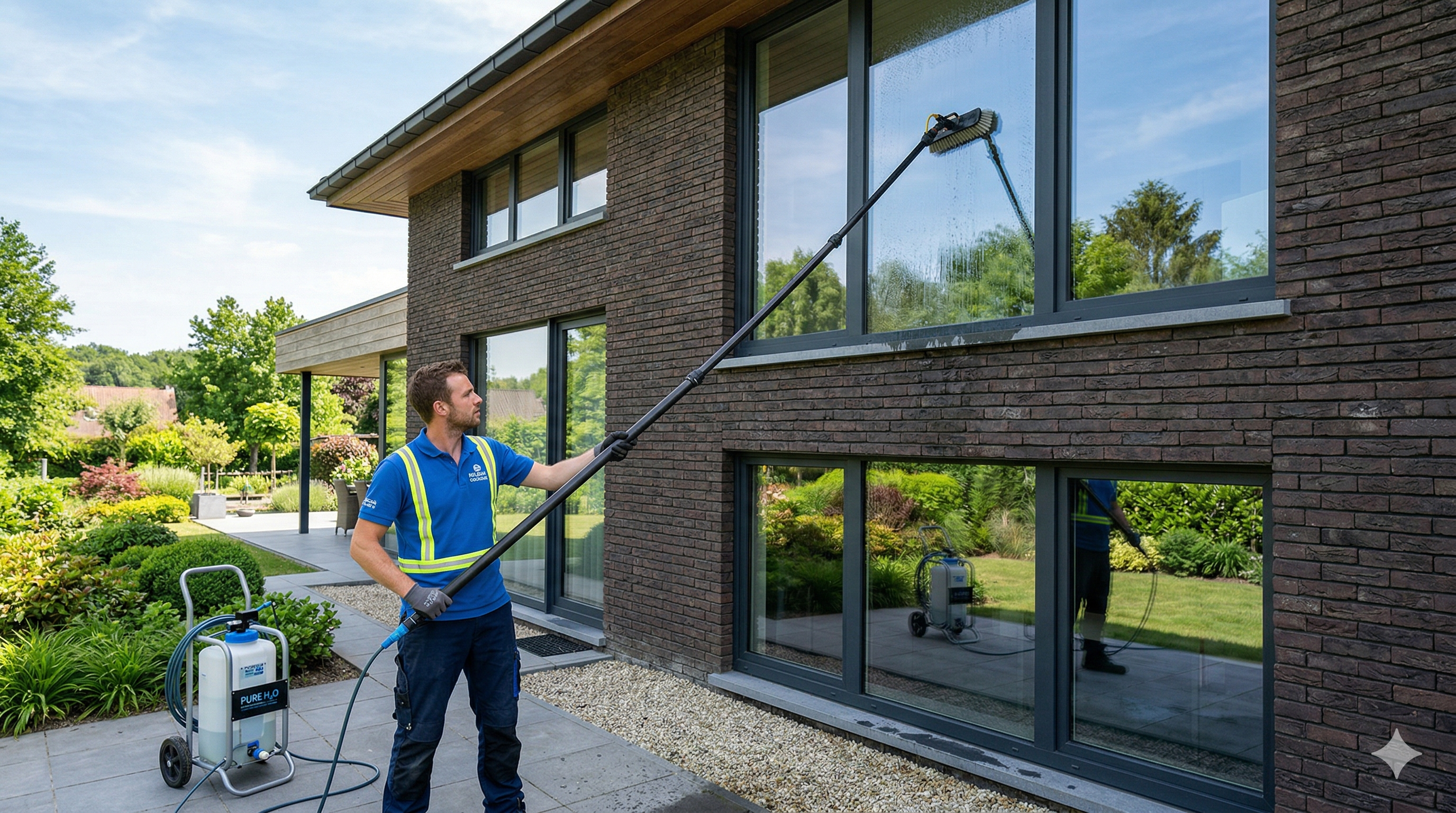 Professional window cleaner using a telescopic osmose water system on a modern Belgian brick house, sunny day, clean crystal-clear windows reflecting garden, photorealistic, high quality photography, 16:9 ratio