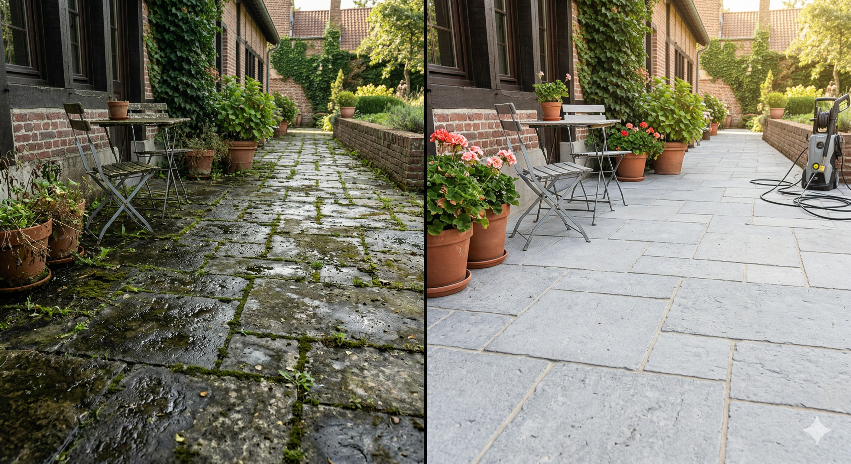 Before and after split photo of a Belgian outdoor terrace: left half shows dark dirty paving stones covered in green moss and algae, right half shows the same terrace perfectly clean and bright after professional high-pressure cleaning, warm afternoon light, photorealistic, high quality