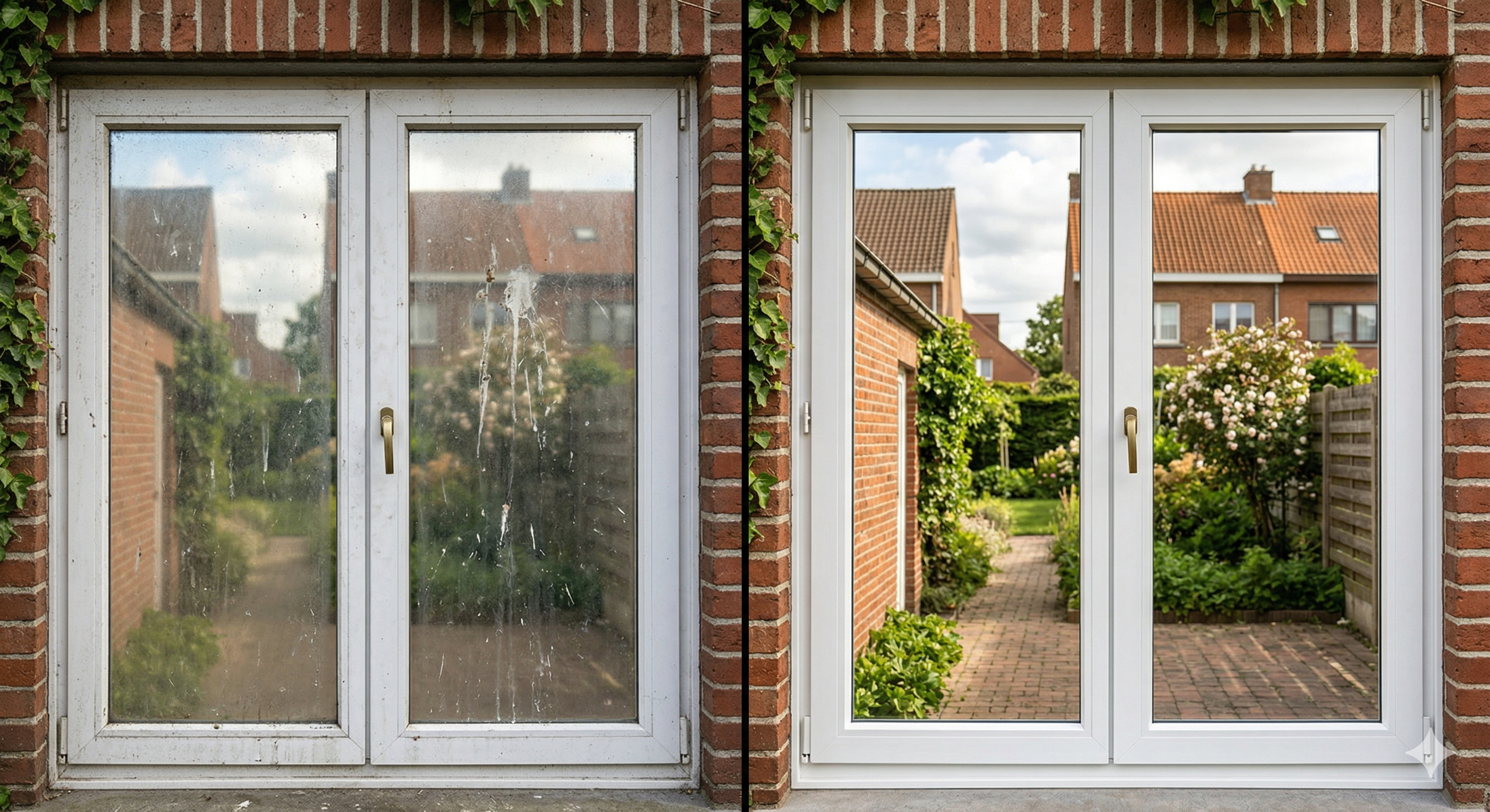 Split comparison image: left side shows dirty window with water stains and bird droppings, right side shows same window perfectly clean and crystal clear after professional cleaning, Belgian suburban home, photorealistic